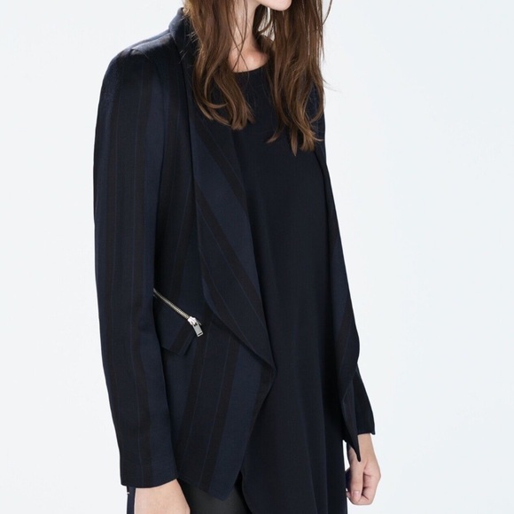 ZARA NAVY STRIPED WRAP WATERFALL DRAPED BLAZER JACKET COAT WITH ZIPPERS - Picture 2 of 9